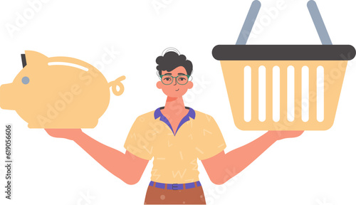 The Guy holds a piglet sediment and a workshop basket in his hired handwrite. Trendy style, Vector Illustration
