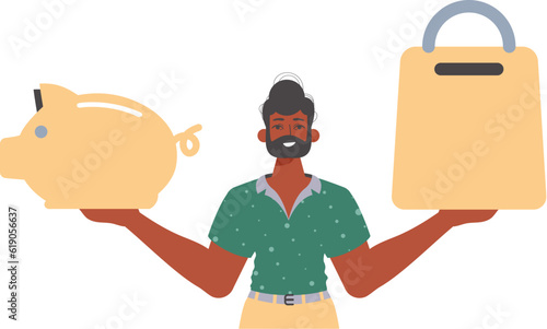 The Guy holds a piglet sediment and a workshop basket in his hired handwrite. Trendy style, Vector Illustration