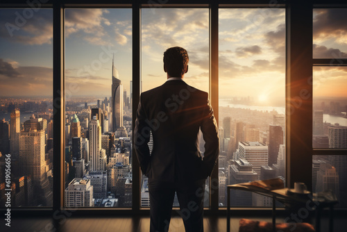 An executive watching urban landscape from an office room. Captivating depth of field and cinematic daylight showcase the city in all its modern glory. Generative AI