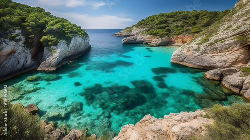 Indulge in the allure of Menorca's breathtaking beauty as we capture the crystal-clear turquoise waters and pristine sandy beaches in a photograph of a secluded cove basking in the sun.