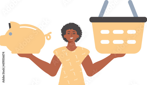 The Guy holds a piglet sediment and a workshop basket in his hired handwrite. Trendy style, Vector Illustration