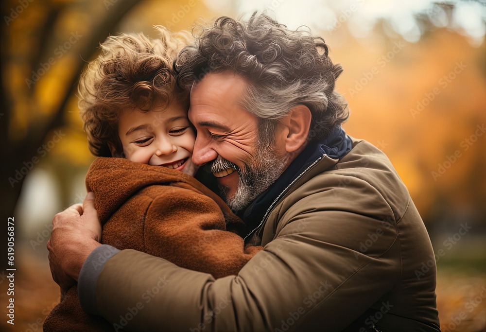 father and son hugging in autumn park, Generative Ai father and son hugging in autumn park, Generative Ai