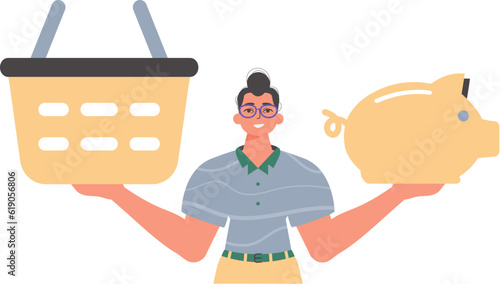 The Guy holds a piglet sediment and a workshop basket in his hired handwrite. Trendy style, Vector Illustration