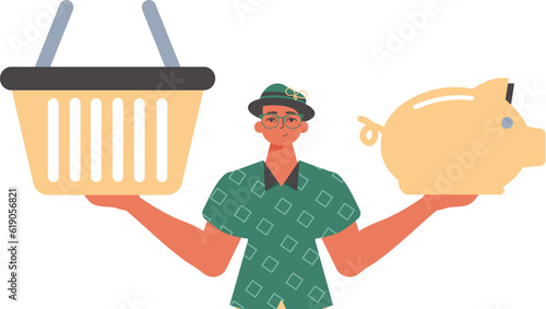 The Guy holds a piglet sediment and a workshop basket in his hired handwrite. Trendy style, Vector Illustration