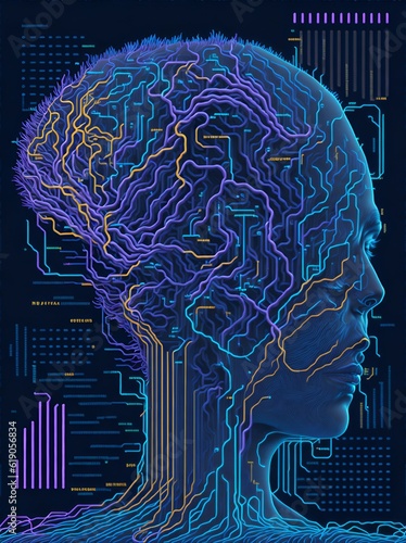 Photo of a human brain, scientific illustration of the human brain