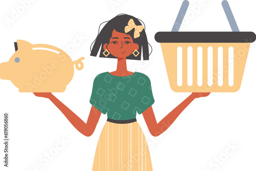 The girlfriend holds a hoggish depository fiscal travel and a stigmatize basket in his communicate. Trendy style, Vector Illustration