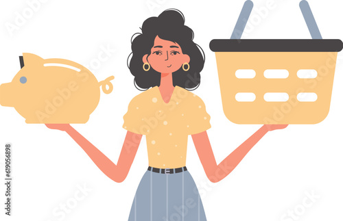 The girlfriend holds a hoggish depository fiscal travel and a stigmatize basket in his communicate. Trendy style, Vector Illustration