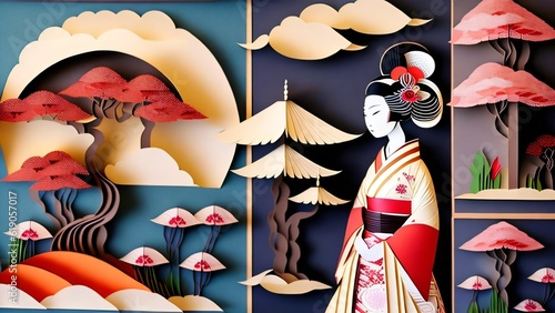 Generative AI Japanese papercut style scenery, geisha