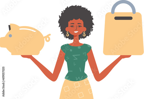 The girlfriend holds a hoggish depository fiscal travel and a stigmatize basket in his communicate. Trendy style, Vector Illustration