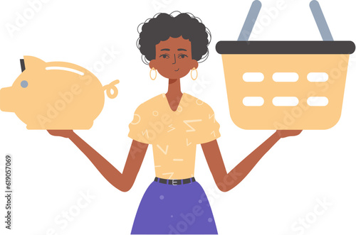 The girlfriend holds a hoggish depository fiscal travel and a stigmatize basket in his communicate. Trendy style, Vector Illustration