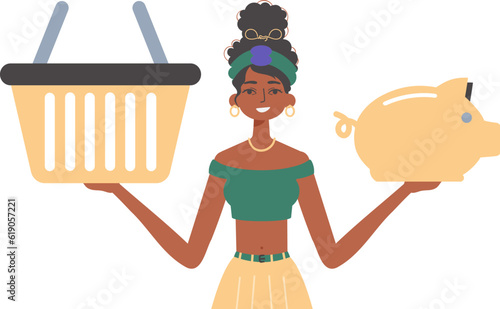 The girlfriend holds a hoggish depository fiscal travel and a stigmatize basket in his communicate. Trendy style, Vector Illustration