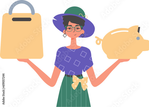 The girlfriend holds a hoggish depository fiscal travel and a stigmatize basket in his commune. Trendy style, Vector Illustration