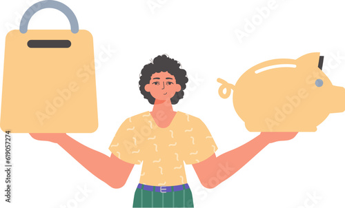 The Guy holds a piglet sediment and a workshop basket in his hired handwrite. Trendy style, Vector Illustration