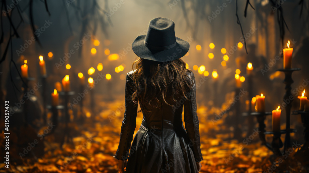 Mysterious Charm: Back View of a Woman in Witch Costume Against Halloween Background Mysterious Charm: Back View of a Woman in Witch Costume Against Halloween Background