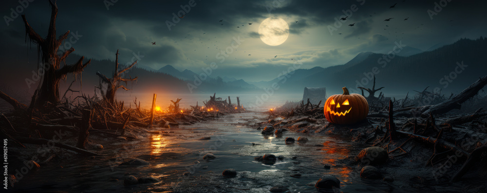 Eerie Coastal View: Scary Pumpkin with Terrifying Eyes in Halloween Poster