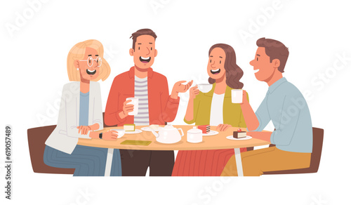 Happy friends sit in a cafe or at home, at the table, eat, drink and communicate. Meeting colleagues or buddies