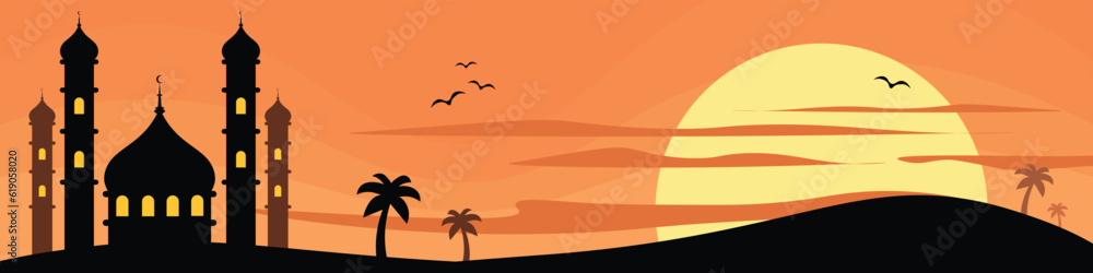 Vector flat Style Mosque vector illustration in Sunset Scene Silhouette mosque icon for sign and symbol of muslim worship place. Mosque icon of islam religion and muslim faith. Place of muslim to pray
