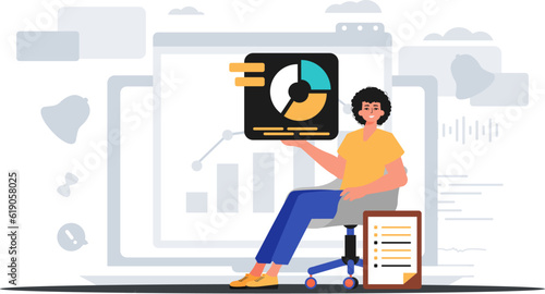 The man sits in a chair and holds a chart with statistics . digital market concept. Trendy style, Vector Illustration