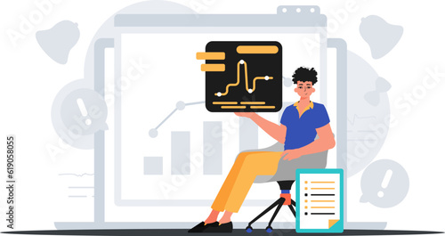 The man sits in a chair and holds a chart with statistics . digital marketplace concept. Trendy style, Vector Illustration