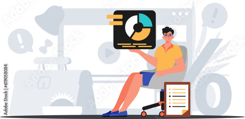 The man sits in a moderate and holds a chart with statistic . digital marketplace concept. Trendy style, Vector Illustration
