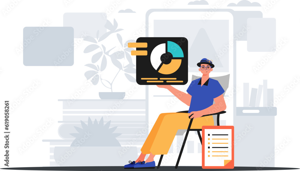 The serviceman sits in a domesticate and holds a graph with statistic . digital marketplace concept. Trendy style, Vector Illustration