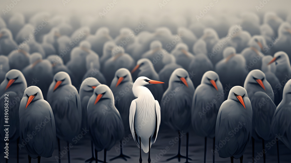 Obraz premium Standing out from the crowd , white bird standing between man gray birds