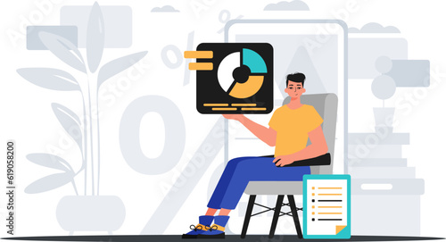 The serviceman sits in a tame and holds a chart with statistic . digital marketplace concept. Trendy style, Vector Illustration