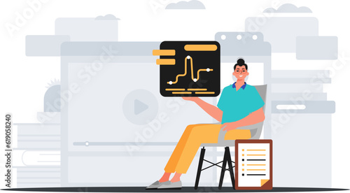The serviceman sits in a domesticate and holds a graph with statistic . digital marketplace concept. Trendy style, Vector Illustration