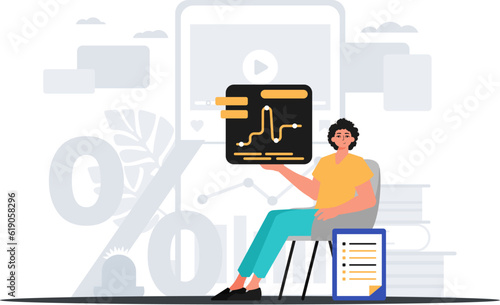The serviceman sits in a domesticate and holds a graph with statistic . digital marketplace concept. Trendy style, Vector Illustration