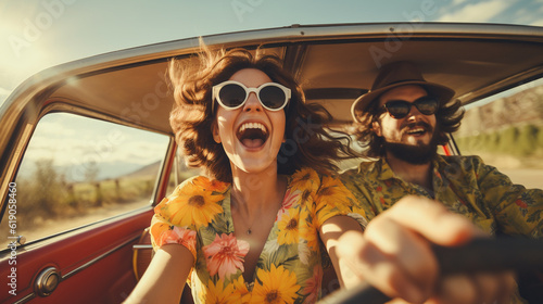 Cheerful young people smiling and laughing with each other while driving a car and having fun on a summer road trip. Generative AI.
