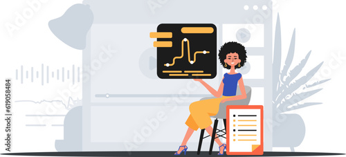The female child sits in a president and holds a chart with statistic . digital commercialize concept. Trendy style, Vector Illustration