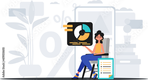 The female child sits in a president and holds a graph with statistic . digital commercialize concept. Trendy style, Vector Illustration