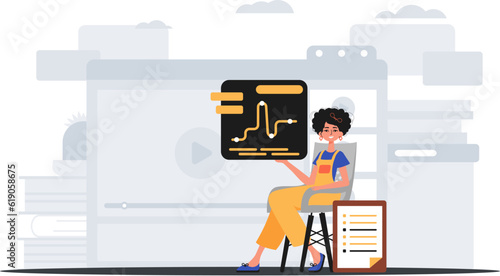 The female child sits in a President of the United States and holds a graph with statistic . digital commercialize concept. Trendy style, Vector Illustration
