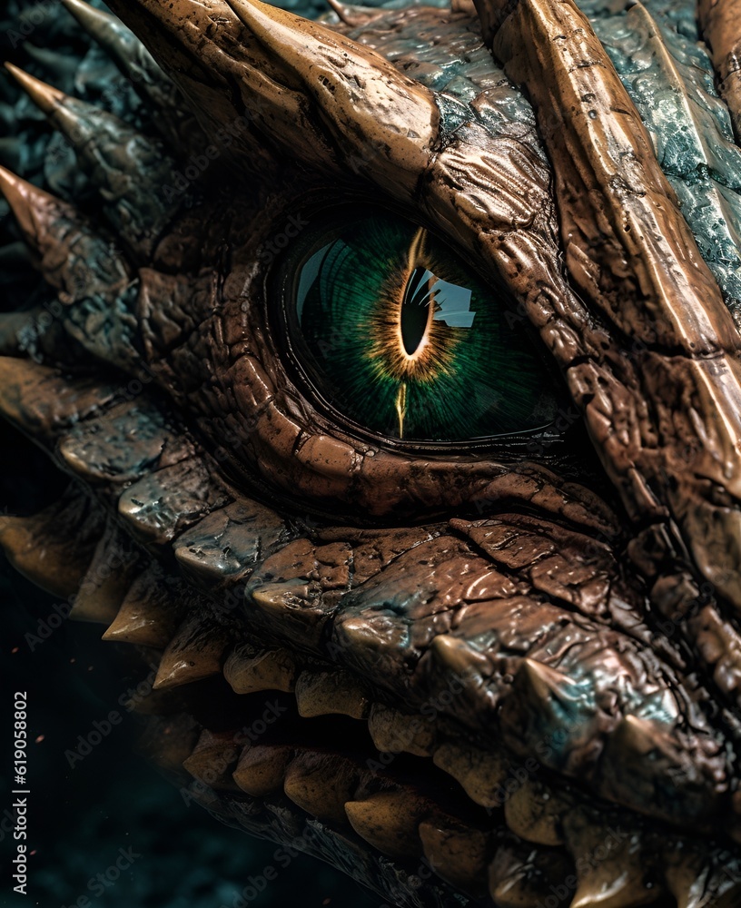 A detailed close-up of Fafnir's dragon face, showing the cunning intelligence in his eyes. A detailed close-up of Fafnir's dragon face, showing the cunning intelligence in his eyes.