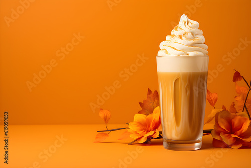 A tall glass with an orange pumpkin spice latte coffee drink with whipped cream topping or milk and cinnamon sprinkles on seamless orange background, autumnal decoration. Generative AI technology