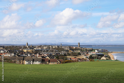 A view across the attractive town of St. Andrews on the coast in Fife, Scotland, UK.