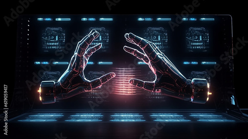 Realistic Photo of a robot hands reaching a holographic screen generated by AI
