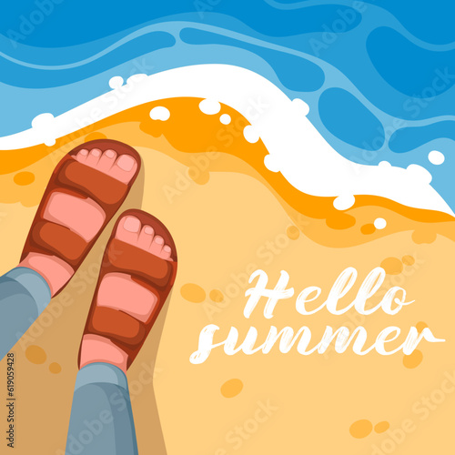 Hello summer banner with legs of man on sandy beach vector illustration. Cartoon selfie top view of male feet in beach sandals standing on sand near blue water, overhead happy shoreline scene