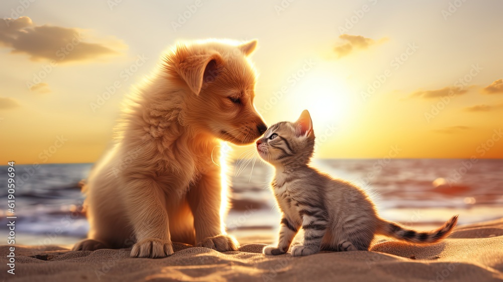 Fototapeta baby cat and dog  sniffing each other at beach, Generative Ai