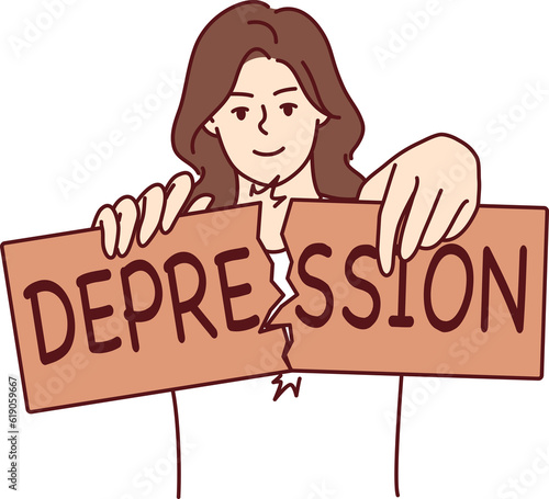 Woman breaks depression sign after overcoming psychological problems and mental disorder