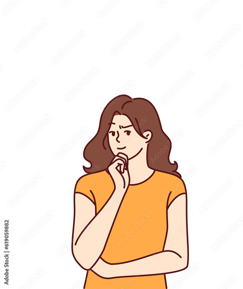 Woman with robot arms behind thinks about introduction of AI and robotic in business processes Woman with robot arms behind thinks about introduction of AI and robotic in business processes