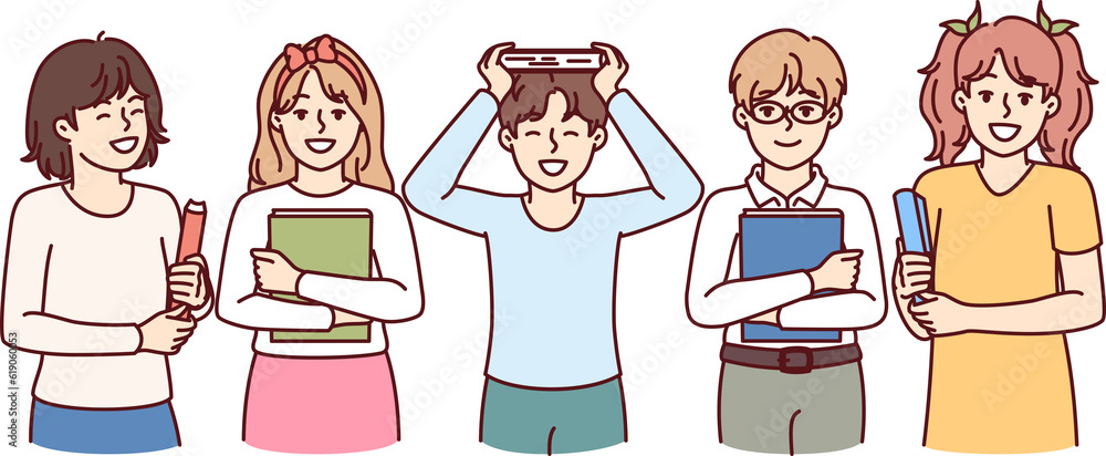 Φωτογραφία Group of schoolchilds with textbooks stands nearby and smiles to advertise priva