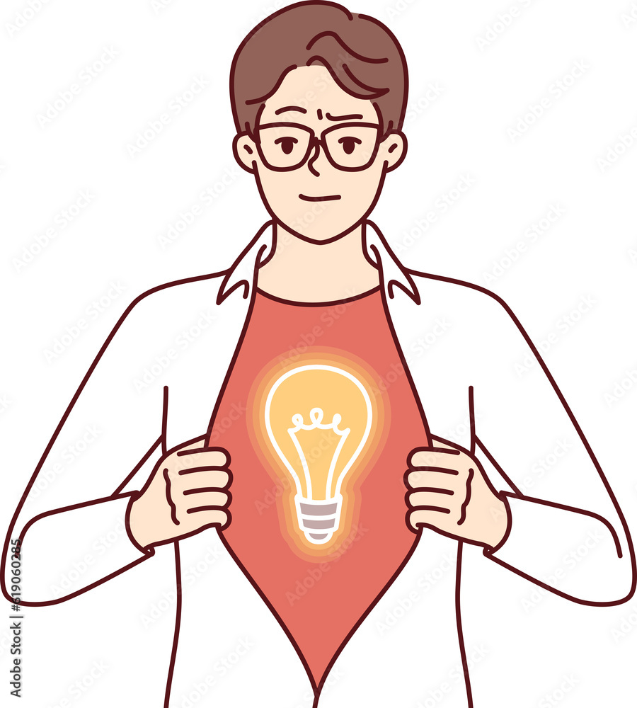 Businessman with brilliant idea rips shirt on chest showing off superhero costume with light bulb Businessman with brilliant idea rips shirt on chest showing off superhero costume with light bulb