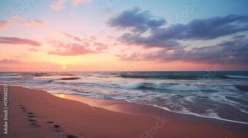 Serene Beach Sunset, Tranquility at Dusk. Generative Ai