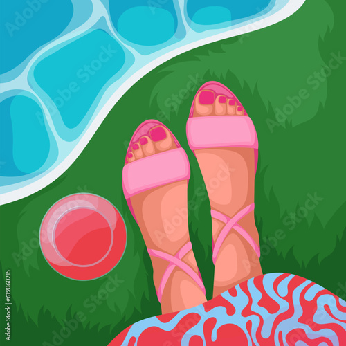 Top view of girls feet in sandals with straps vector illustration. Cartoon look down selfie of legs of lady standing on green grass of park or garden, woman walking in dress and summer shoes on feet