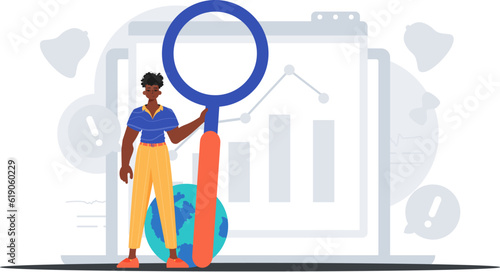 The homosexual is holding a magnifying glass in his handwriting . data search concept. Trendy style, Vector Illustration