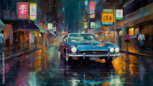 Drawing inspiration from traditional Japanese art, a car glides through the wet city streets at night, surrounded by a palette of vibrant colors 