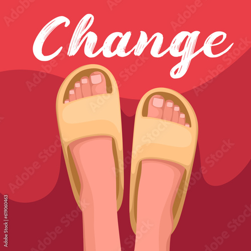 Top view of human legs in beach shoes standing near Change inscription vector illustration. Cartoon barefoot person on road to future development and new journey, step to change in life and career