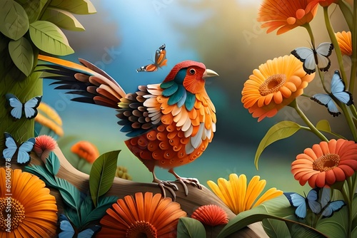 flowers and birds on the tree  generated ai