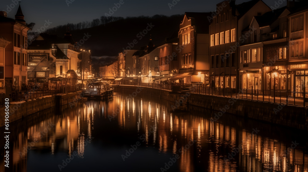 Obraz premium Step into the enchanting atmosphere of Otaru's Canal District, where a charming canal meanders through the heart of the city, lined with historic buildings that whisper tales of bygone eras.